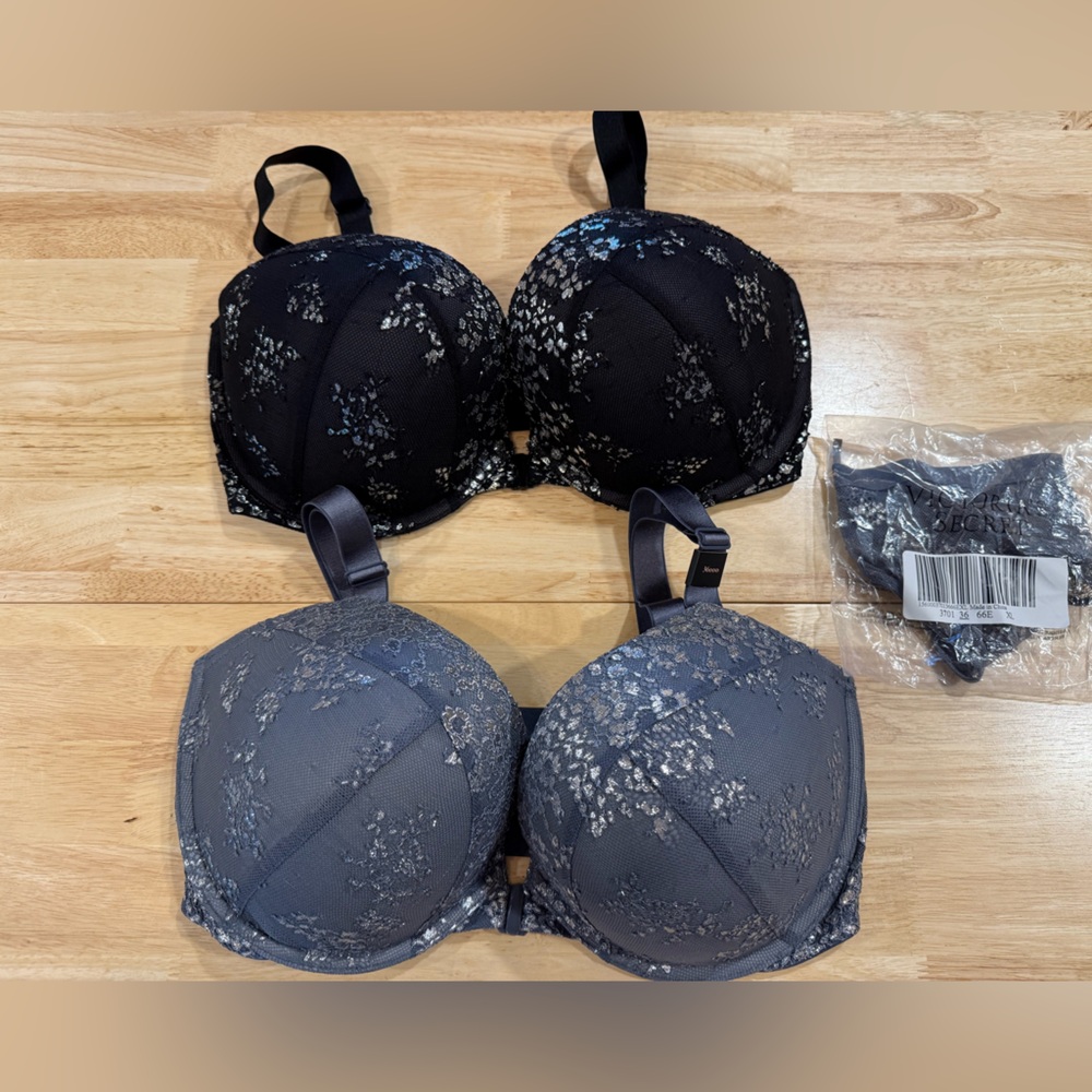 Victoria's Secret Dark Gray & Black Lace Push Up Bras 36DDD and Panty Bundle NWT